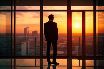 Person standing in front of a large glass window, looking out at the city skyline, representing the idea of of clear vision and a long-term perspective in achieving business success. Generative AI