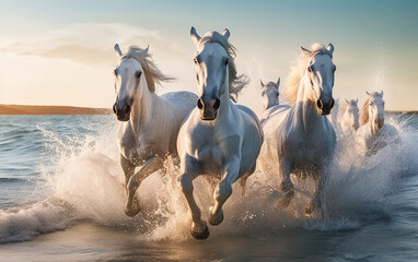 Picture the exhilarating moment when a stunning horse gracefully gallops along the beach, amidst the splashes of waves crashing nearby.  Generative AI