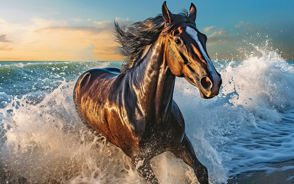 Picture a picturesque beach scene with a majestic horse dashing along the shore, as the waves crash and produce splashes in the background.  Generative AI
