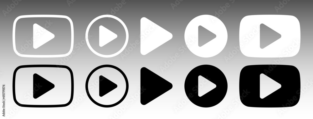 Poster Play button icon vector set. White and black buttons.