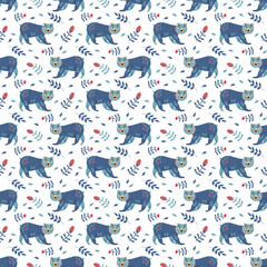 Bear with a decorative floral pattern of leaves and berries. Folk Scandinavian style. Seamless pattern. Vector. For fabric, clothes, home decor, covers and brochures.