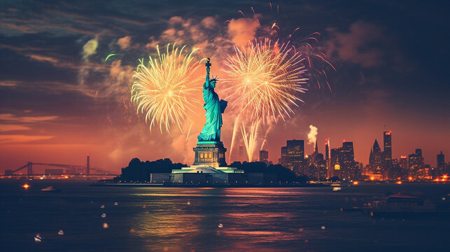 Statue Of Liberty In New York City With Fireworks Bursting In The Sky - 4th Of July Or New Years Eve Holiday Celebration Concept - Generative AI