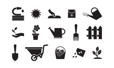 Garden vector icon, seed in soil, flower pot, growth set, black silhouette isolated on white background. Agriculture illustration