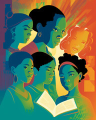 African American family with colorful background elements. African American children with mother. Daughters and mother
