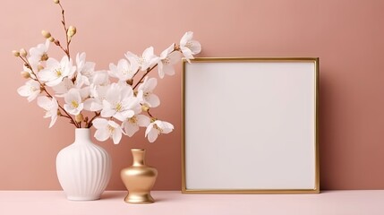 White flower in pink vase on table with empty modern golden white photo frame against pink blue background. Home furnishings buck up Generative AI