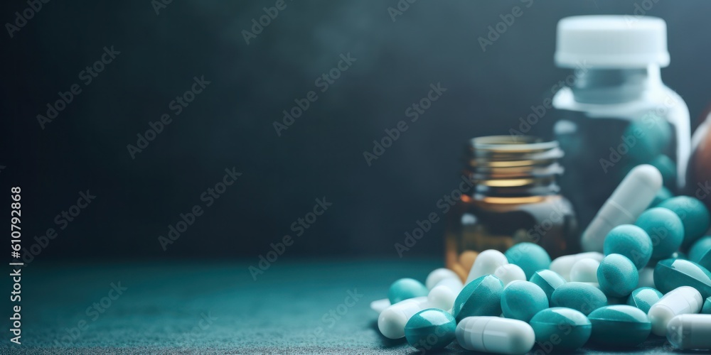 Poster pills capsules and pill bottle on dark blue background with copy space banner.