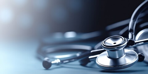 Stethoscope on blue background. Medical and health care concept. banner.