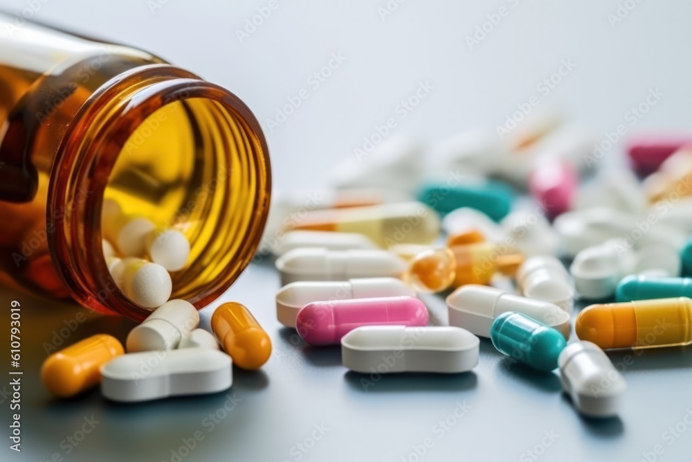 Poster pills spilling out of pill bottle on white background. focus on foreground, soft bokeh.
