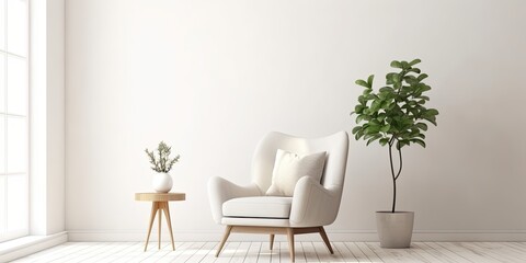 Obraz na płótnie Canvas mockup of a chic, white room with a chair. Scandinavian style in decorating. Generative AI