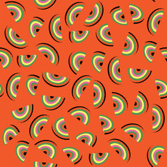 Vector image of a rainbow in different projections on an orange background. Seamless pattern. Poster.