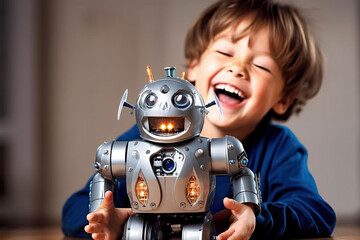 A little boy laughing and holding a toy robot created with Generative AI technology - obrazy, fototapety, plakaty