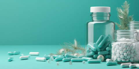 assorted Pills in a glass jar Medical Prescription, medicine concepts, banner,