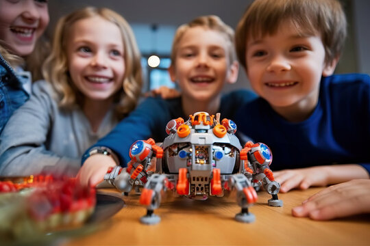 A group of children sitting around a table with a robot toy created with Generative AI technology