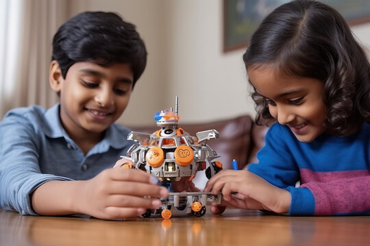 Two children playing with a robot toy on a table created with Generative AI technology