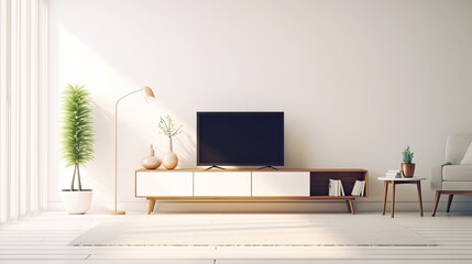 mock-up of a TV cabinet display in a white, minimalist modern space. Generative AI