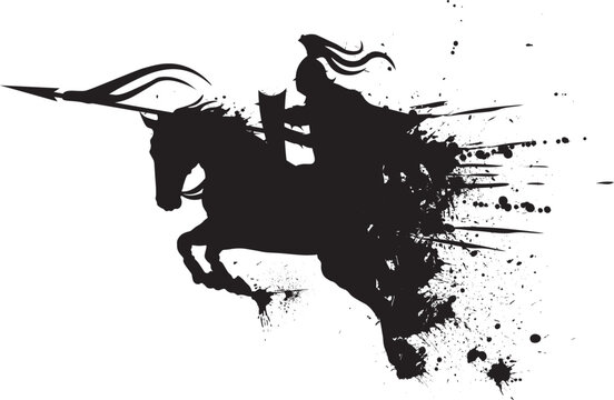 Silhouette of a medieval knight on a horse. Vector isolated. Ink splash style.