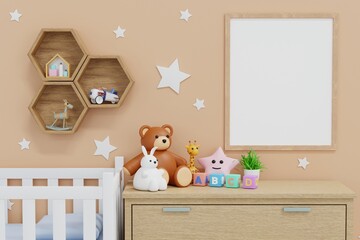 Empty frame mockup in baby kid room with doll and toy, nursery children room, 3D rendering.