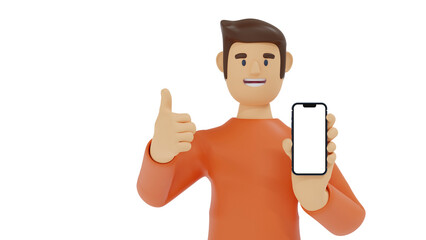 Cartoon character man in orange t-shirt show smartphone, thump up, app recommendation presentation, 3D rendering.