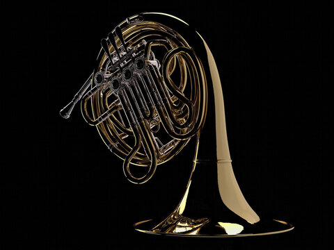 French horns backlit against a dark background. 3D illustration.