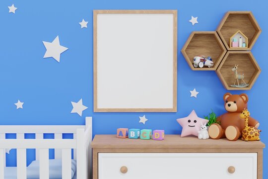 Empty frame mockup in baby kid room with doll and toy, nursery children room, 3D rendering.