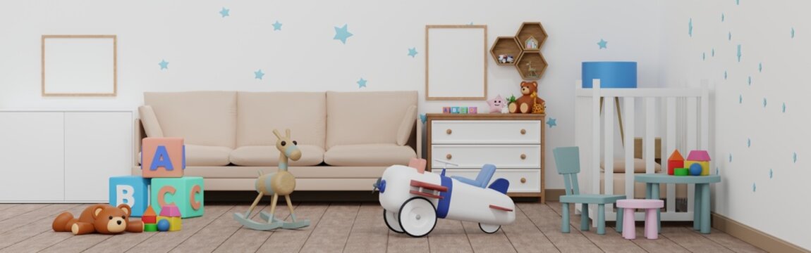 Empty frame mockup in baby kid room with doll and toy, nursery children room, Template Horizontal Banner Web, 3D rendering.