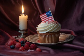 a cupcake with a candle next to a american flag Generative AI