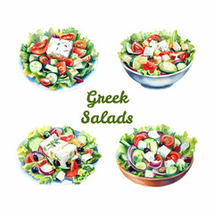 Greek Salad Watercolor Set on White Background