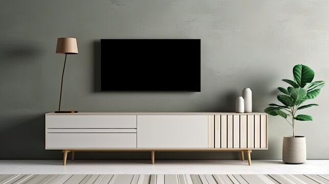 Mockup of a contemporary television console or cabinet in a blank living room with a white floor, Generative AI