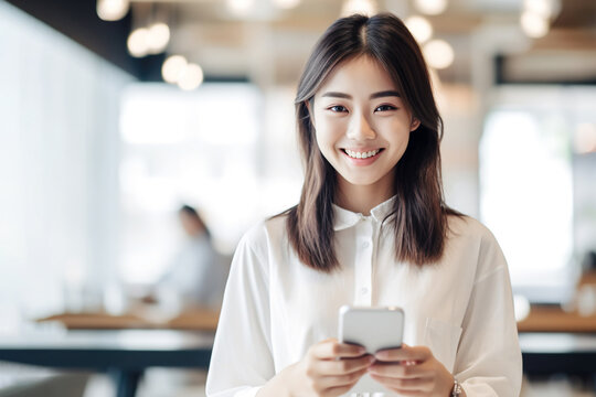 Attractive, charming, friendly 22 years old Japanese girl hold a mobile phone in her hands at modern cafe, smiling, looking at camera, wear beige long sleeve shirt in natural sunlight from window