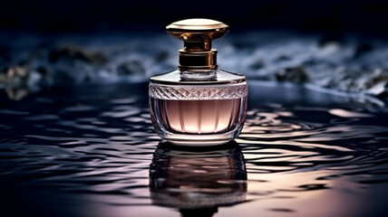 Obraz na płótnie Canvas Beautiful perfume bottle on a dark background, the concept of beauty, blue background