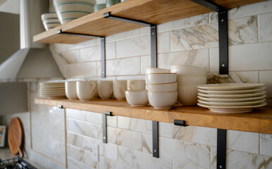 Fototapeta na wymiar Open shelves in Kitchen