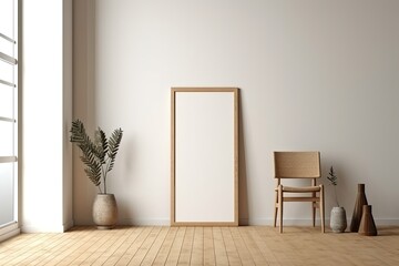 Mockup of a vertical wooden frame leaning in a light-colored room with a wooden floor. Generative AI