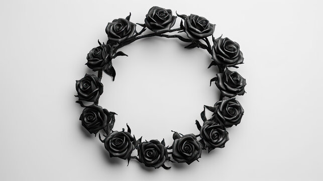 Advertising shot of a lush black wooden hoop decorated with black roses on a light gray background