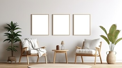 Interior of a light living room with two empty white posters, a chair, a coffee table, and parquet flooring made of oak wood. minimalist design principle. a relaxed setting for meetings. Generative AI