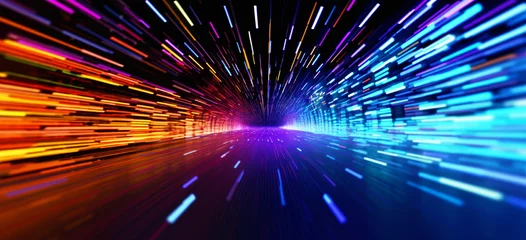 Rolgordijnen Light speed, hyperspace, space warp background. colorful streaks of light gathering towards the event horizon. Generative AI based.  © killykoon