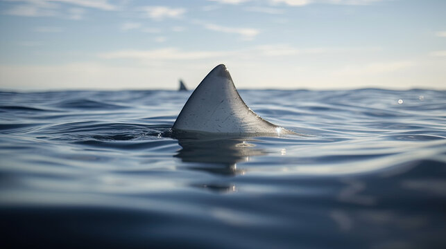 a shark's dorsal fin emerges from the water. Generative AI