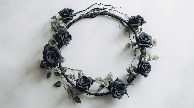 Advertising shot of a general black wooden hoop decorated with some black roses on a light gray background