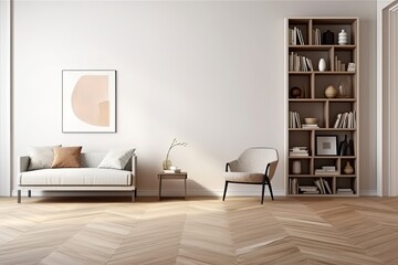 Fototapeta na wymiar Interior of a living room with a white, blank poster, a cozy chair, books, a bookcase, a sideboard, dishes, and an oak wooden parquet floor. minimalist design principle. a mockup Generative AI