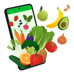 Fresh vegetables and fruit popping out of smartphone screen