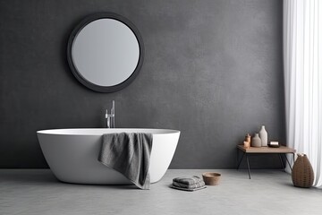 Naklejka na ściany i meble Front view of a white bathtub with towels and a sink in a gray washing room with a circular mirror. bathroom supplies and a foot towel. unfilled copy space on a grey wall Generative AI