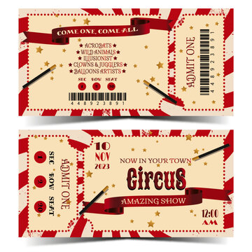 Circus ticket templates in red. Front and back. Carnival ticket. Ready to print. Cmyk vector illustration	
