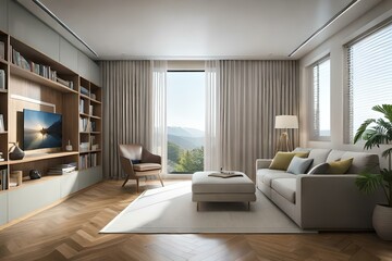 Naklejka na ściany i meble A modern living room with sleek furniture, minimalist decor