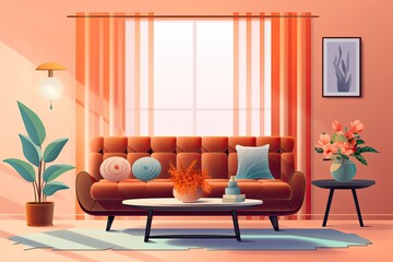 Interior design of a contemporary room with a sofa, pillows, table, vase, plants, and drapes. Generative AI