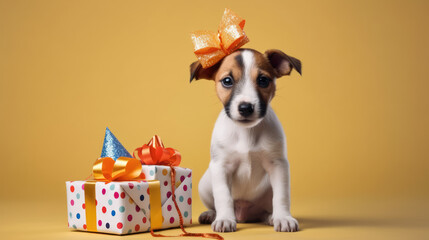 Advertising portrait of a jack russell terrier dog puppy wearing a party cap and gifts on orange background