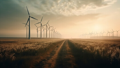 Obraz premium Wind turbines in a row, spinning blades fuel sustainable growth generated by AI