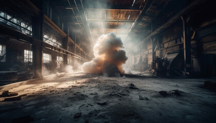 Abandoned factory in flames, smoke pollutes environment, destruction evident generated by AI