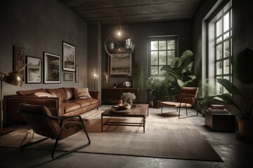 Fototapeta na wymiar Style loft interior with leather armchair. AI generated, human enhanced