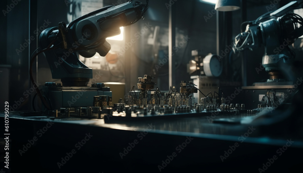 Poster automated robotic arm controls production line in futuristic metal industry generated by ai