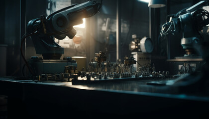Fototapeta premium Automated robotic arm controls production line in futuristic metal industry generated by AI