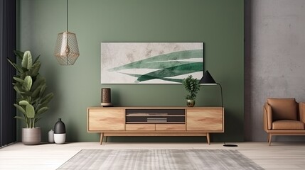 Interior of a contemporary living room with a wooden dresser, a mock-up of a horizontal poster, and a green plant Generative AI